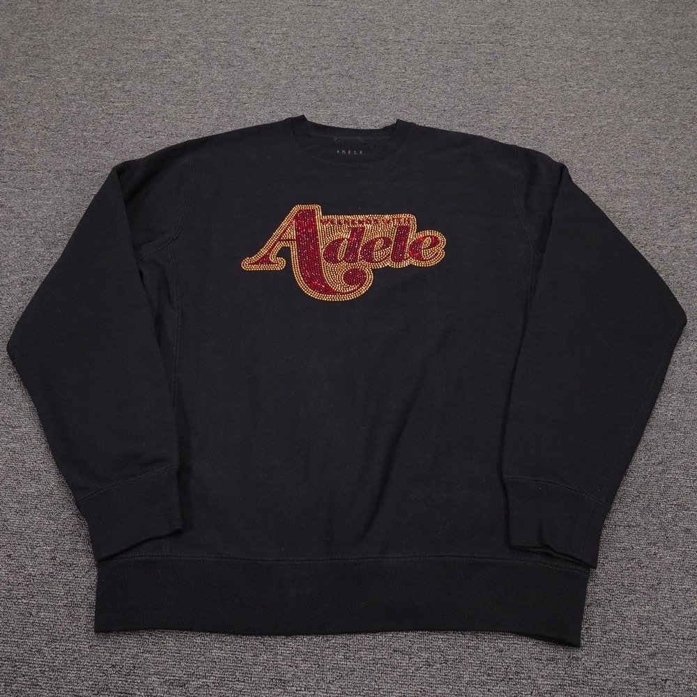 Adele Sweatshirt Large Black Rhinestone Logo Crewneck Fleece Pullover